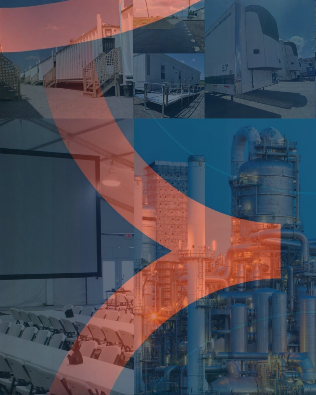 Collage of industrial and logistics images including trucks, trailers, shipping containers, and manufacturing plants with orange and blue tones