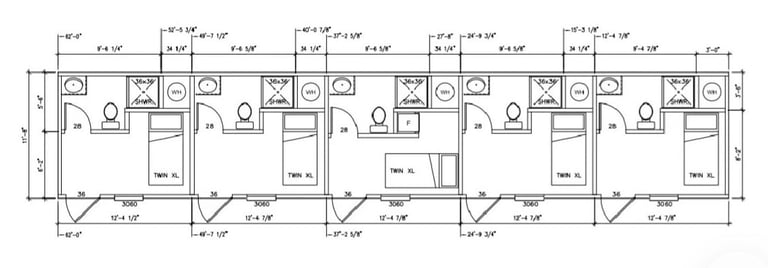 Architectural floor plan showing repeating units of residential apartments with bathrooms, kitchens, and living spaces