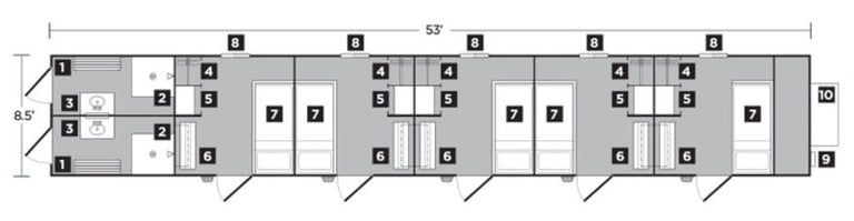 Floor plan showing multiple residential units arranged in a row with labeled rooms and dimensions
